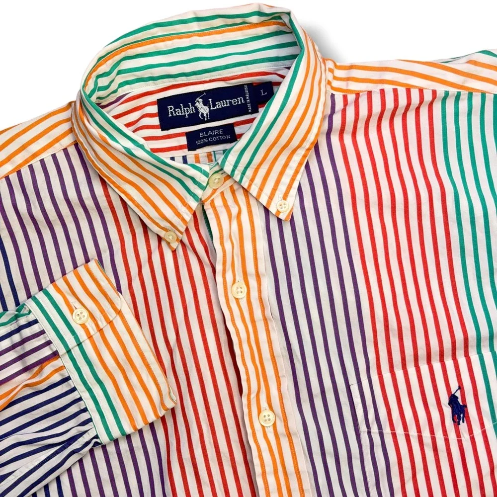 Vintage Ralph Lauren Button Down Mens L Multicolor Stripe Poplin Rainbow Blaire